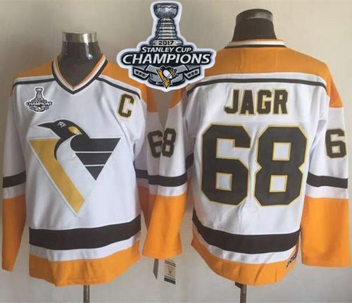 Penguins #68 Jaromir Jagr White/Yellow CCM Throwback Stanley Cup Finals Champions Stitched NHL Jersey - Click Image to Close